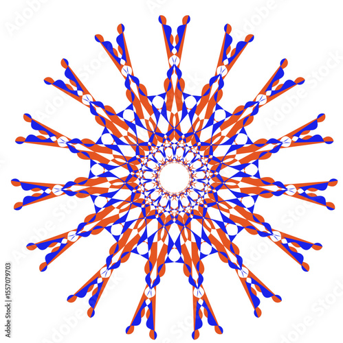 A bright geometric mandala with a multi-colored pattern. The symmetrical design radiates energy and harmony, combining sharp angles with flowing curves in a kaleidoscope of colors.
