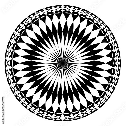 A collection of intricate black and white circular geometric patterns, Each design features unique radial symmetry and alternating shapes, creating a stunning visual effect.
