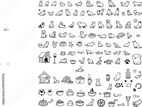 .Black-and-White Vector Illustration of Pet-Themed Icon Set – 60 Symbols Featuring Domestic Animals and Accessories