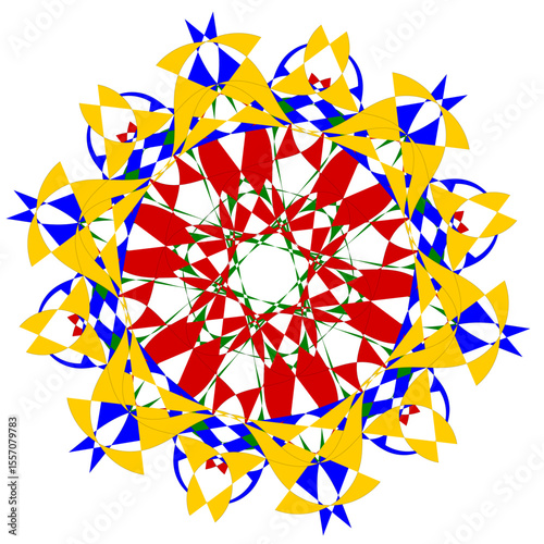 A bright geometric mandala with a multi-colored pattern. The symmetrical design radiates energy and harmony, combining sharp angles with flowing curves in a kaleidoscope of colors.
