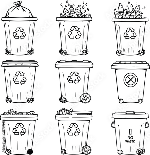 .Black-and-White Vector Illustration of Recycling Bins and Waste Types – 9-Icon Grid Depicting Waste Management Scenarios