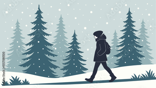 Silhouette of person walking in a snowy forest with evergreen trees and falling snow in winter season