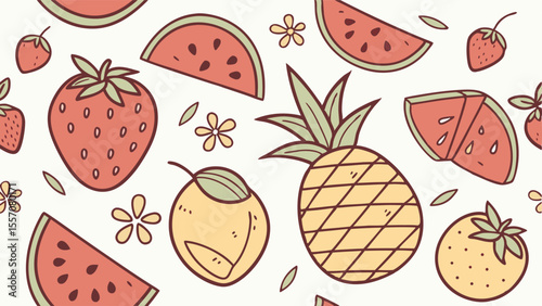 Illustration of a seamless pattern with strawberries, watermelons, pineapple, plum, and flowers scattered around