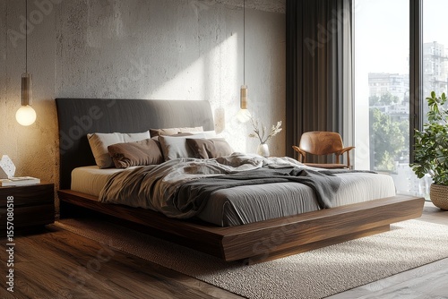 Modern solid wood bed frame with headboard and footboard in dark gray finish, low-profile design in bedroom setting, photorealistic