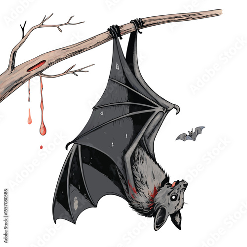 A dark, hanging bat displays gruesome vampire bite wounds and trails of fresh blood.