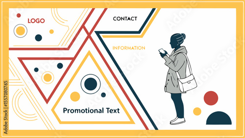 Promotional banner with geometric shapes and a woman using a smartphone for contact and information display