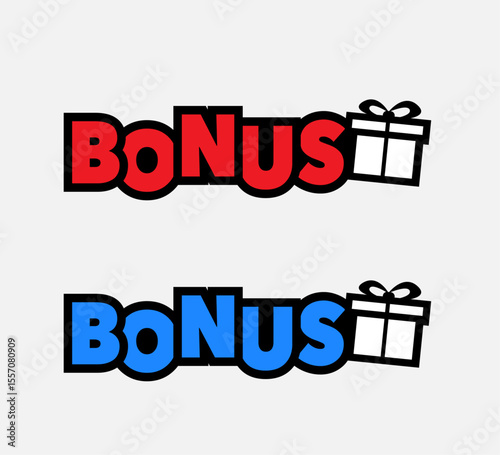 sticker with bonus text in blue and red with black outline