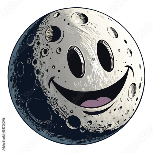 A unique moon crater resembles a cheerful smiley face, highlighted by deep shadows.