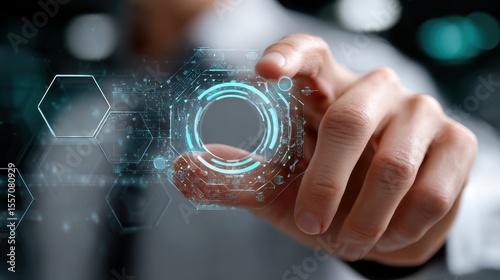 Close-Up of a Hand Interacting with a Futuristic Digital Interface Displaying Data Visualizations