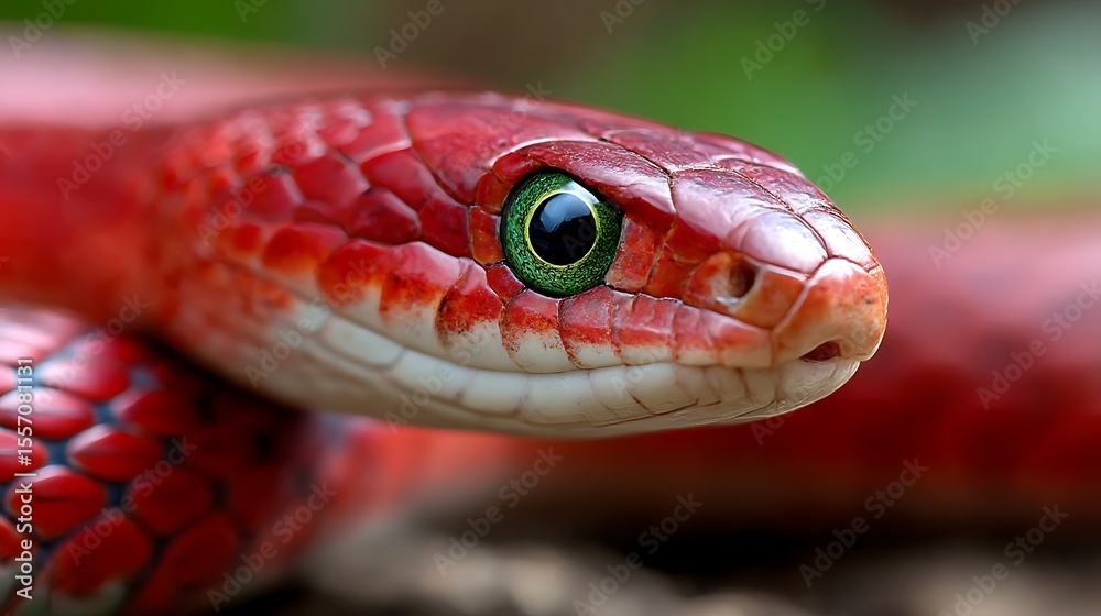 Obraz premium 緑の瞳を輝かせる鮮紅のヘビの迫力あるクローズアップ