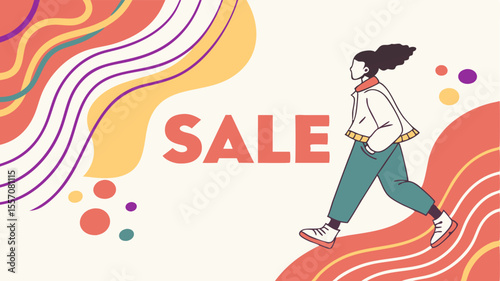 Illustration of a woman walking with sale text and abstract shapes in a modern design style background