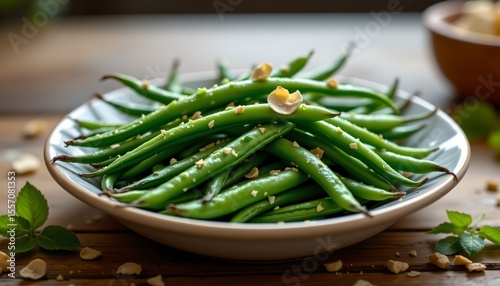 emerald green beans, hyperrealistic, forced perspective, radiant light, silver glimmer, high resolution, vibrant morning, culinary still life, bokeh, healthy, energetic tones, detailed texture.
