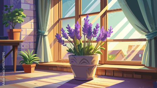 Elegant ceramic pot with blooming lavender on wooden windowsill, gentle morning light, shadows on white curtain, soft petals, green stems, cozy urban apartment interior, peaceful botanical corner.