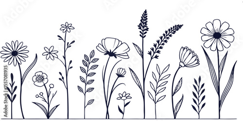 Floral Symphony: Delicate line art captures a vibrant array of wildflowers dancing in the breeze, a visual ode to the simple beauty of nature, rendered in elegant strokes.