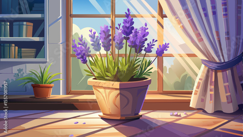 Elegant ceramic pot with blooming lavender on wooden windowsill, gentle morning light, shadows on white curtain, soft petals, green stems, cozy urban apartment interior, peaceful botanical corner.