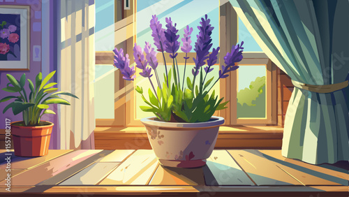 Elegant ceramic pot with blooming lavender on wooden windowsill, gentle morning light, shadows on white curtain, soft petals, green stems, cozy urban apartment interior, peaceful botanical corner.