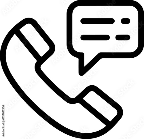 Simple black line icon of a telephone handset with a speech bubble containing text