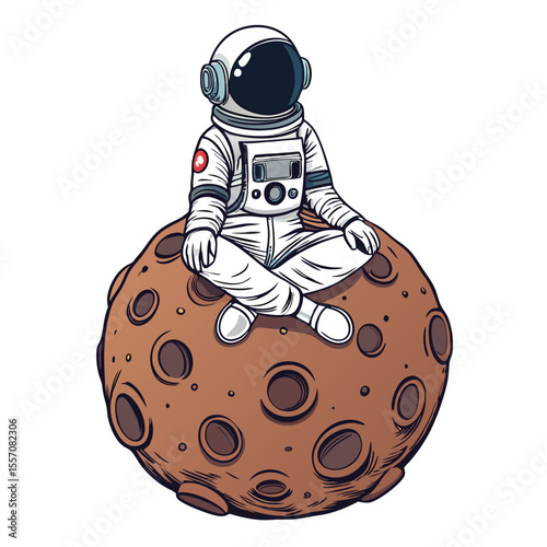 A serene astronaut, clad in a white suit, meditates on a rocky brown asteroid, floating in cosmic solitude.