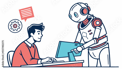 Illustration of a man working at a computer with a robot assisting and a settings icon nearby