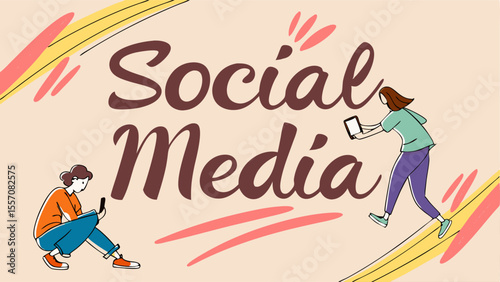Illustration showing two people using mobile devices with the words social media in large brown text filling space