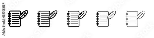 Quill pen and notebook page icon vector outline symbol or illustration