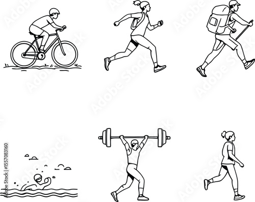 .Black-and-White Vector Illustration of Fitness Activities – 6-Icon Set Depicting Popular Forms of Exercise
