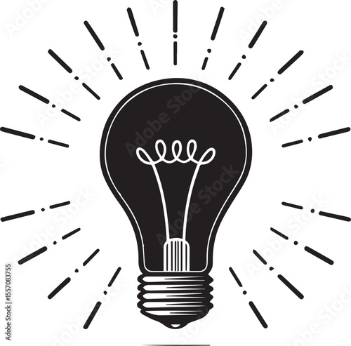 Black silhouette of a bulb with rays in flat vector style, glowing idea concept symbol, simple innovation and creativity icon, isolated graphic in PNG format on white background