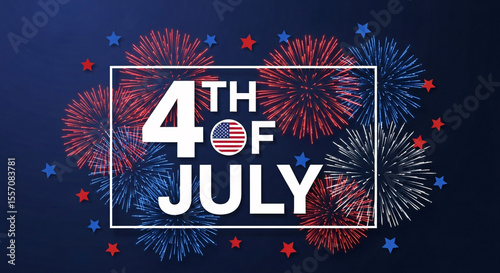A vibrant 4th of july fireworks display explodes with red white and blue bursts against a dark blue background