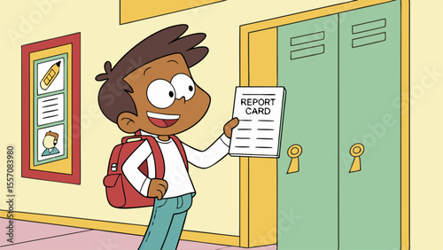 Cartoon boy with backpack holding report card in school hallway next to lockers and framed artwork on wall