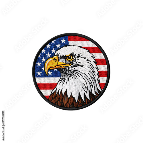 An embroidered patch of a bald eagle head against an american flag is isolated on transparent background