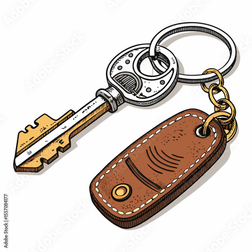 A vintage motorcycle key attached to a rich brown leather keychain.