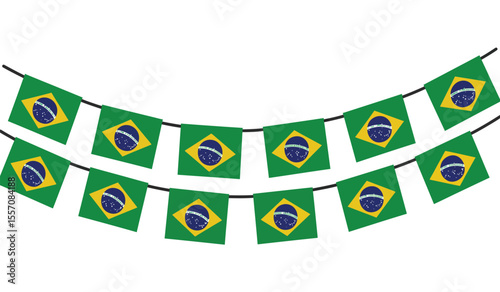 Brazil flag garland, pennants on a rope for party, carnival, festival, celebration, National Day of Brazil, bunting decorative pennants, vector illustration