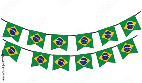 Brazil flag garland, pennants on a rope for party, carnival, festival, celebration, National Day of Brazil, bunting decorative pennants, vector illustration