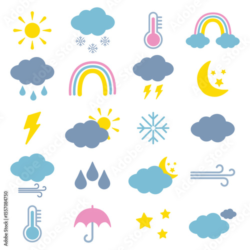 Vector illustration set of weather forecast icons, clouds, sun, rainbow, moon, rain, snow, thermometer, umbrella.