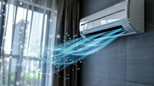 Air cooling, purified flow: refreshing mist, ioniser effect, indoor breeze, temperature balance, summer solution, relaxing air, humidity control, cooling mechanism, thermal comfort peaceful atmosphere