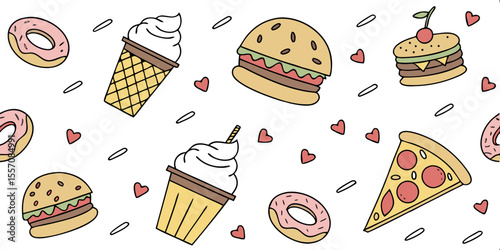 Sweet Treats and Savory Bites: A delightful pattern featuring various popular food items like donuts, ice cream, burgers, and pizza slices, interspersed with small hearts and sprinkles.