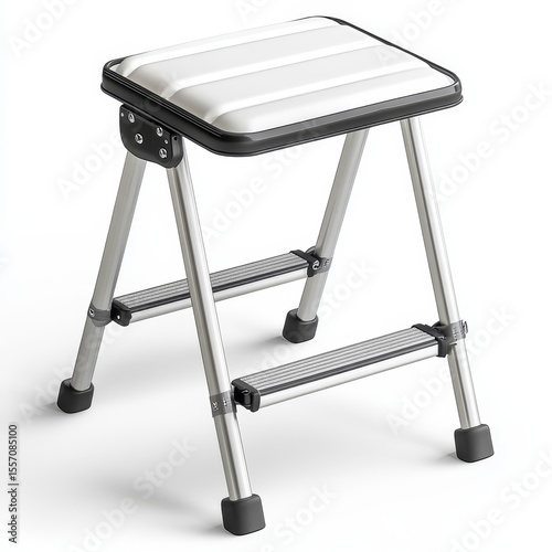 A compact, foldable metal step stool with a white seat and black rubber feet, designed for stability and ease of use in homes or workplaces.