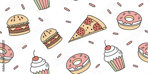 A Scrumptious Feast Pattern: A delightful assortment of delectable treats, from savory pizza slices to sweet cupcakes and donuts, is sprinkled across this mouthwatering pattern.