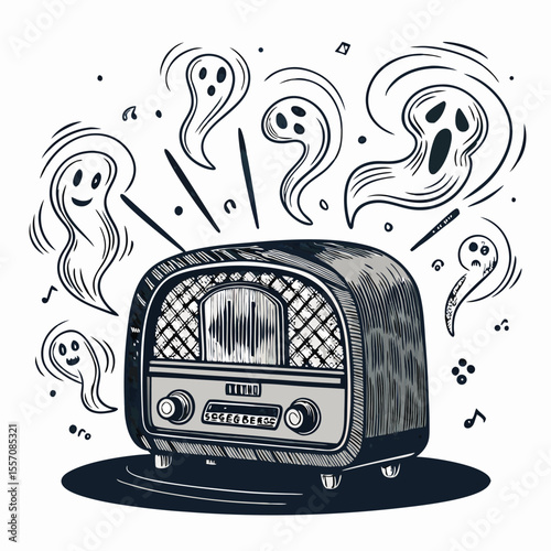 Ghostly voices, visualized as unsettling sound waves, emanate from a vintage horror radio.