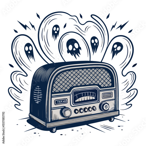 An eerie, antique radio emits spectral voices, manifesting as ghostly sound waves.