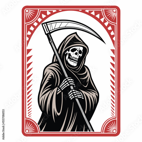 A chilling horror-themed tarot card depicting a skeletal Death figure wielding a formidable scythe.
