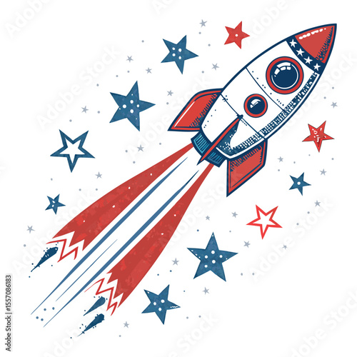 A vintage-inspired rocket soars through a vibrant, star-filled cosmic expanse.