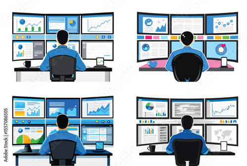 Four Men View Multiple Computer Screens Showing Data Graphs Charts and Reports data analysis