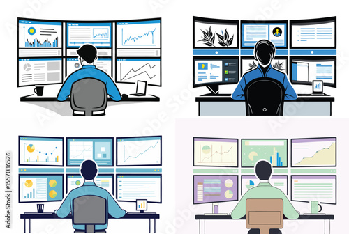 Four Individuals View Multiple Computer Screens Displaying Data Charts and Graphs