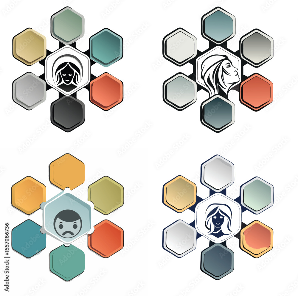 Four Hexagon Network Diagrams Female Profile Sad Face Icon Pastel Colors infographic