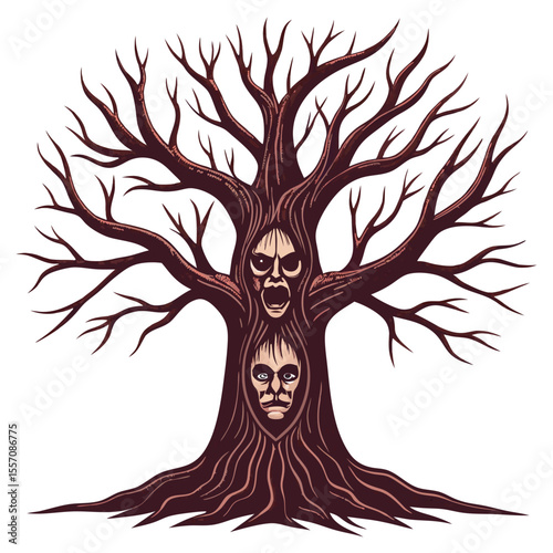 An ancient, gnarled horror tree, its twisted bark revealing eerie, hidden faces, stands menacingly.