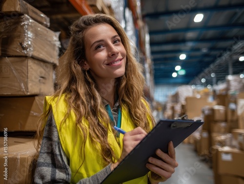 Warehouse Worker Checking Inventory: A diligent worker meticulously reviews inventory records in a bustling warehouse, ensuring accuracy and efficiency in a logistical environment.