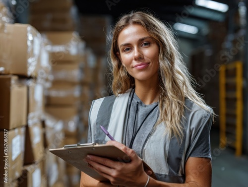 Inventory Supervisor with Clipboard: A female supervisor, with blonde hair, uses a clipboard to conduct inventories in a warehouse.
