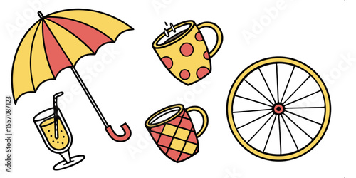 Whimsical Objects Collage: A bright collage of everyday items including a stylish umbrella, a refreshing drink, two cute mugs and a bike wheel.