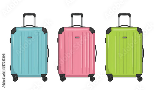 Vector set cartoon flat illustration of colorful suitcases isolated on white background. Blue, pink and green luggage travel bags with wheels. Modern polycarbonate suitcases for design, flyer, card.